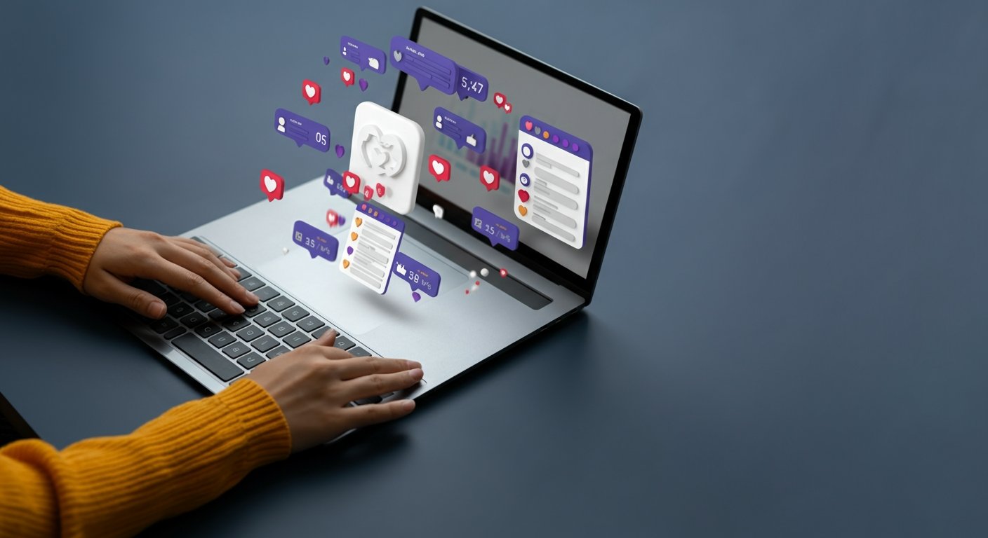 Hands on laptop with 3D social media icons, engagement analytics, notifications, and digital marketing dashboard.