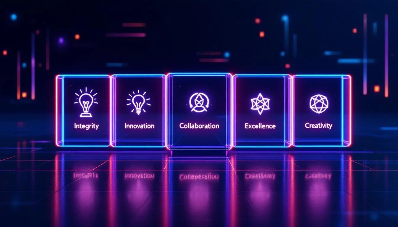Digital neon design showing company core values: Integrity, Innovation, Collaboration, Excellence, and Creativity with futuristic style.