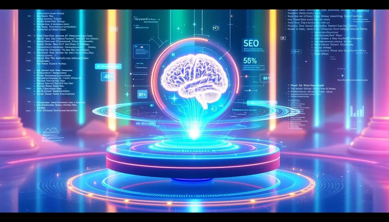 Futuristic digital brain hologram with SEO analytics and data visualization, symbolizing AI-powered search engine optimization.