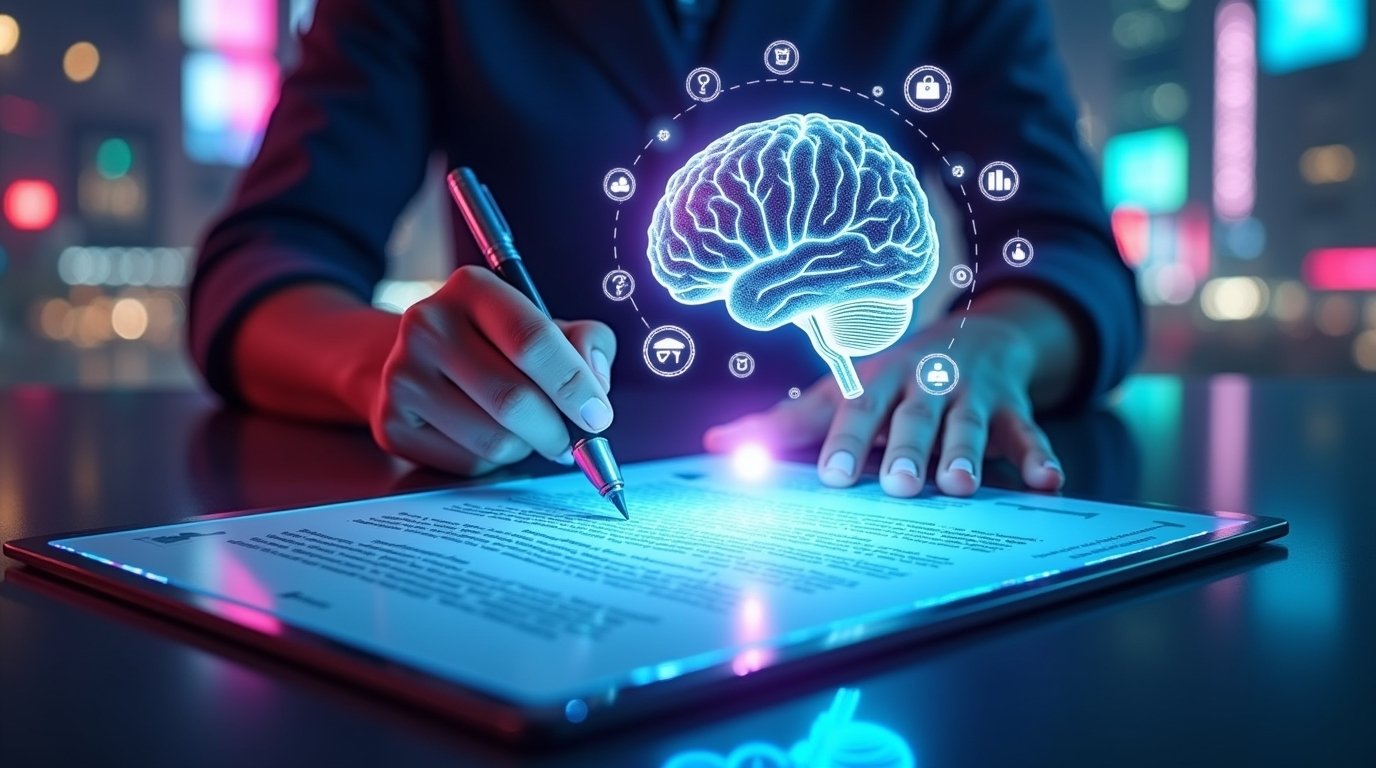 Person writing digital content on a tablet with an AI brain hologram, symbolizing content marketing and artificial intelligence integration.