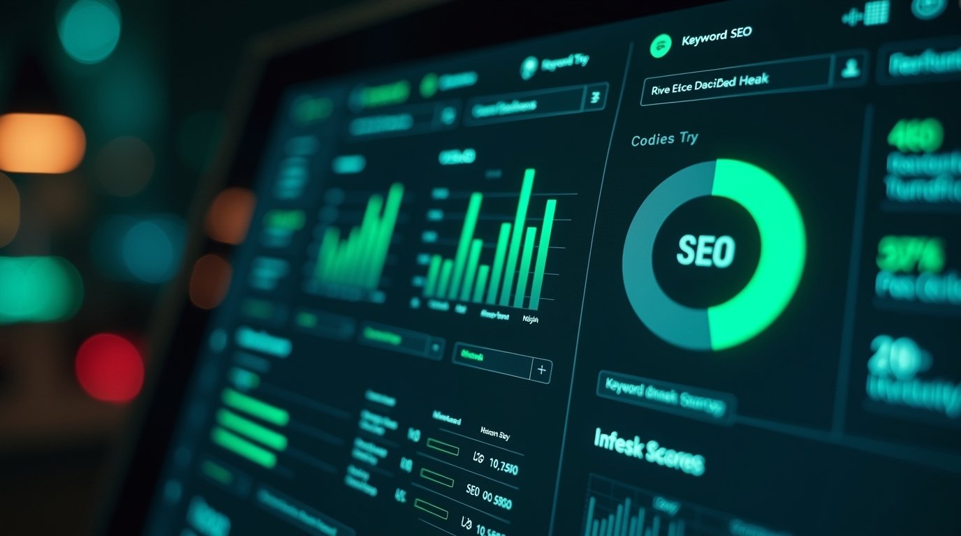 Close-up of an SEO analytics dashboard showing keyword performance, traffic insights, and digital marketing metrics.