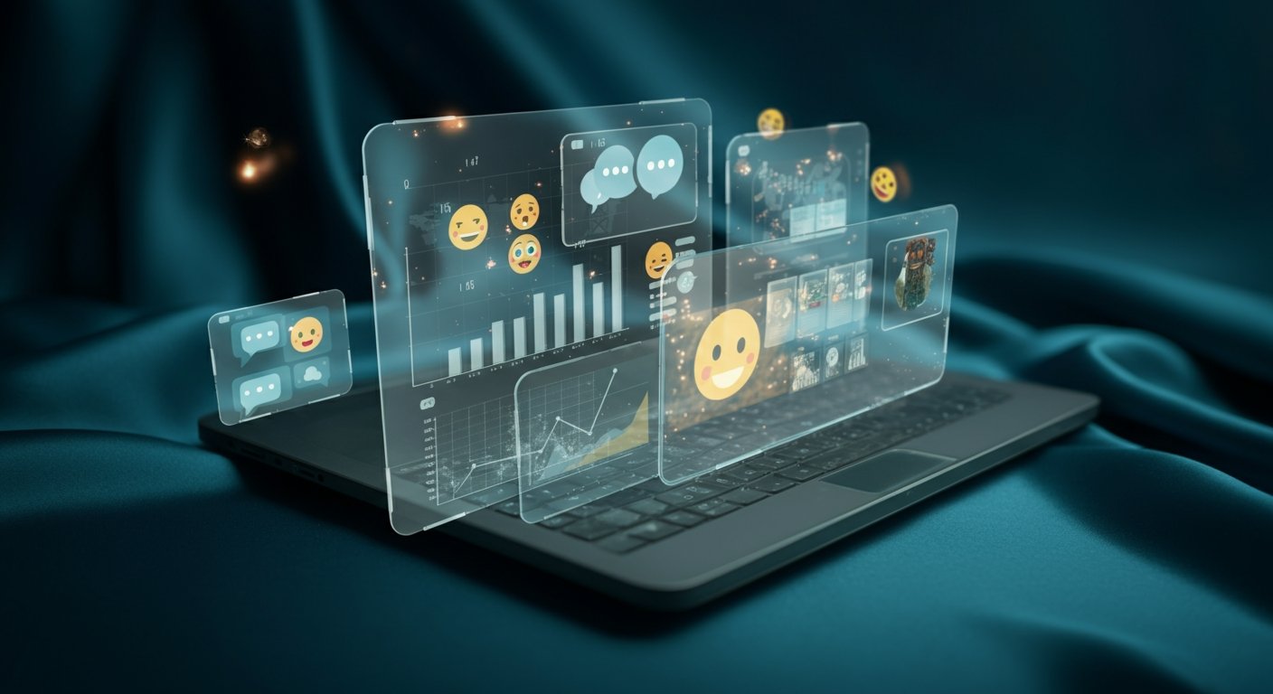 Futuristic laptop with holographic social media dashboards showing engagement charts, emoji reactions, messages, and audience analytics.