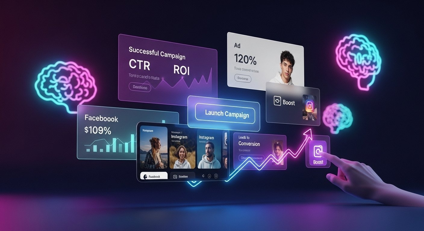 Futuristic digital marketing dashboard showing campaign performance with CTR, ROI, Facebook and Instagram ads boost.