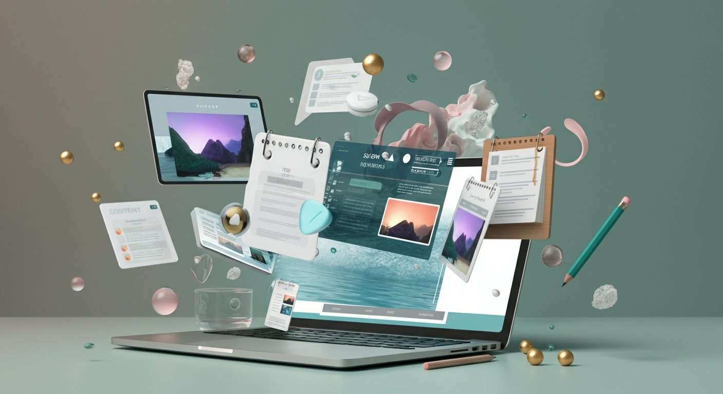 Creative digital workspace with laptop displaying floating documents, calendars, content management tools, and web design elements in a modern 3D style.