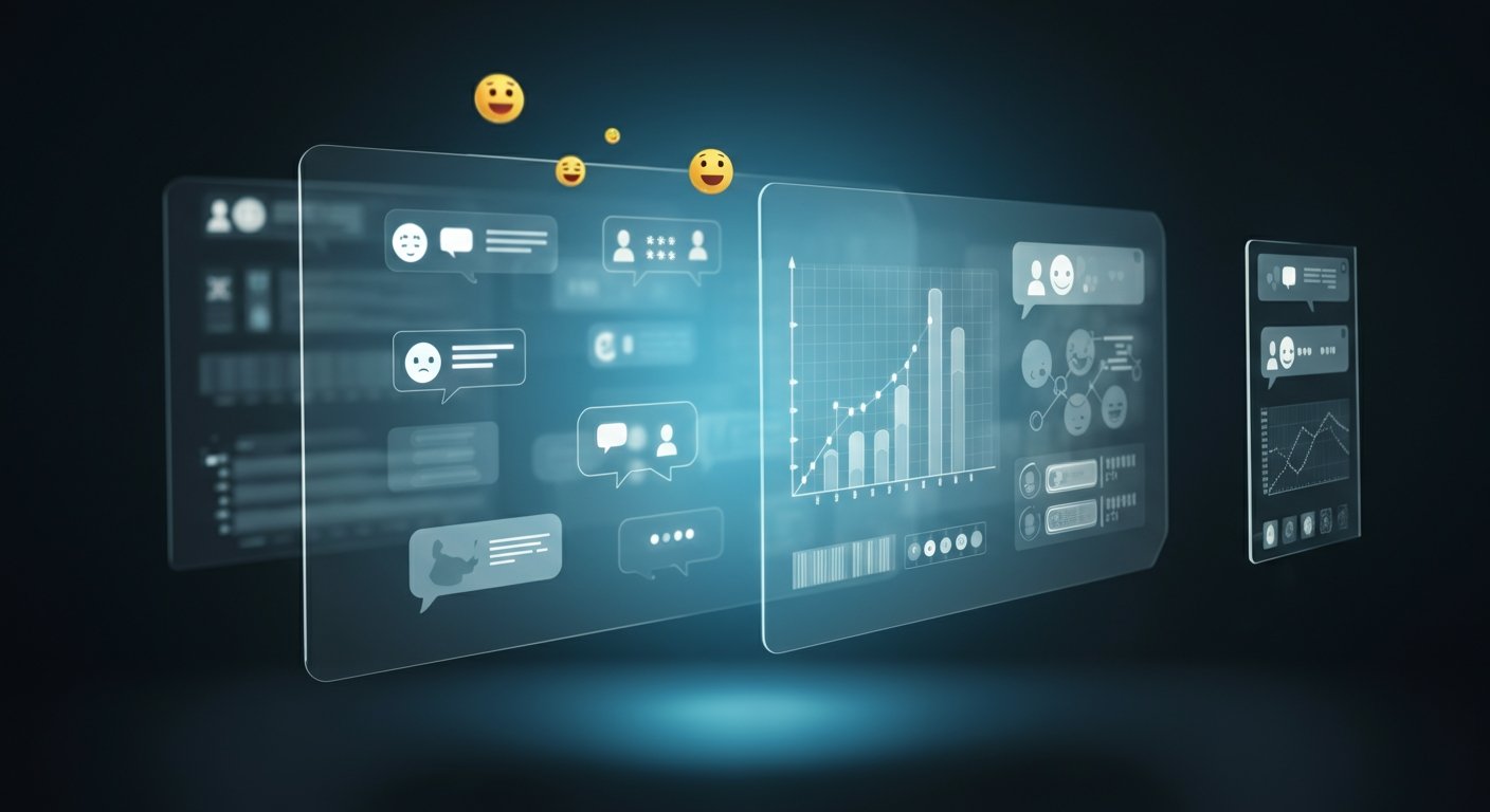 Futuristic social media analytics dashboard with holographic charts, engagement metrics, emojis, and audience interaction insights.