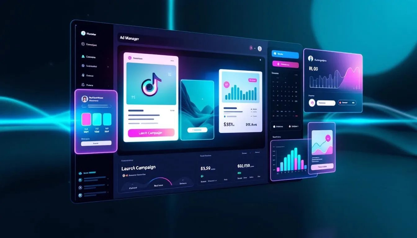 Futuristic TikTok Ads manager dashboard with campaign analytics, performance charts, audience targeting, and launch campaign button in neon digital style.
