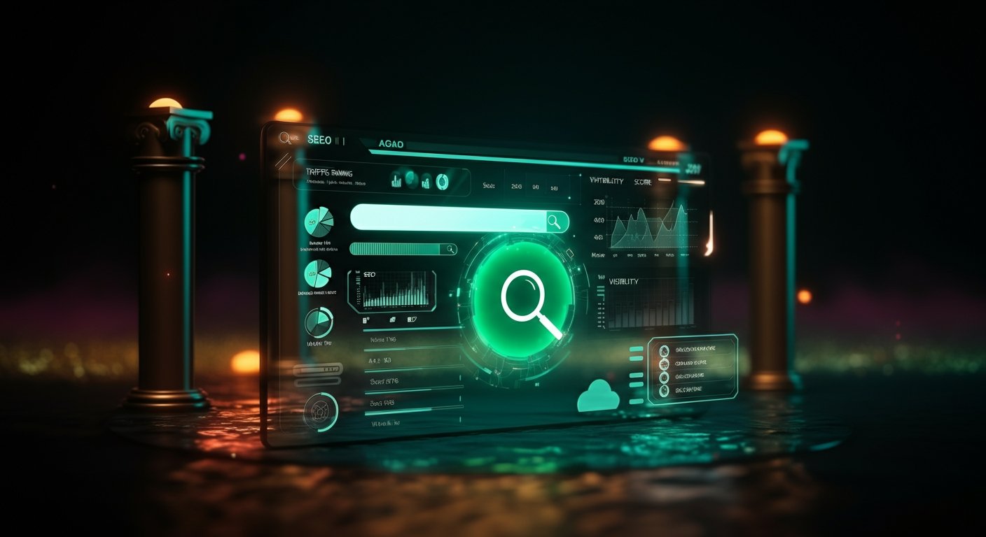 Futuristic SEO dashboard with search icon, traffic ranking charts, and visibility analytics in neon green holographic design.