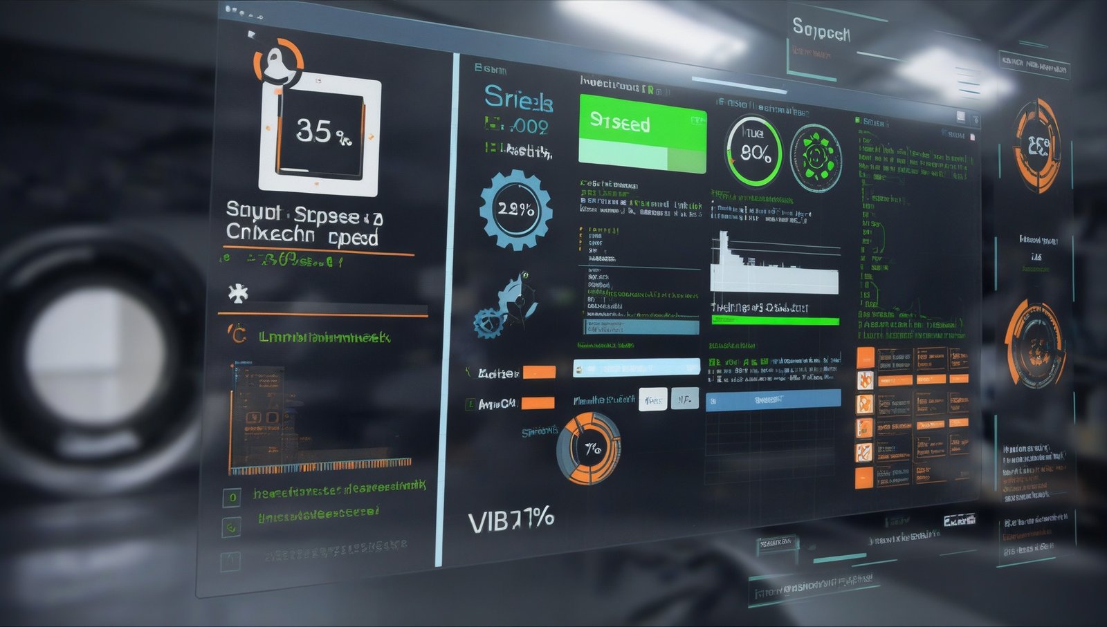 Futuristic digital analytics dashboard with performance metrics, charts, and SEO tracking indicators.