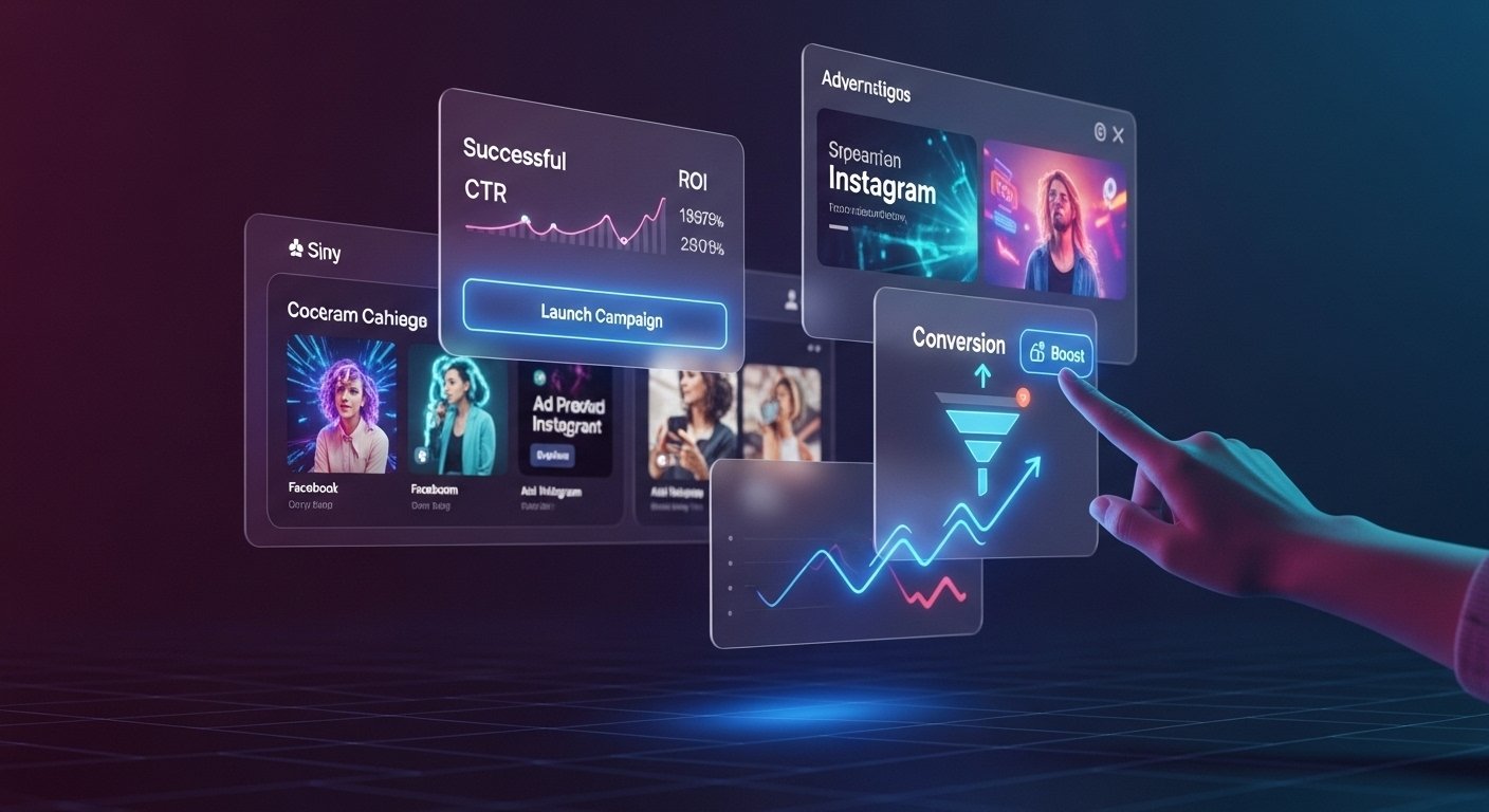 Futuristic digital marketing dashboard showing successful ad campaigns, CTR growth, ROI, and conversion funnel optimization with interactive boost button.