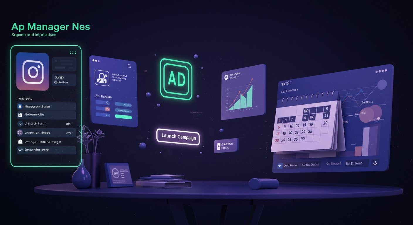 Futuristic ad manager dashboard with Instagram analytics, user profile, campaign performance charts, calendar scheduling, and launch campaign button in neon style.